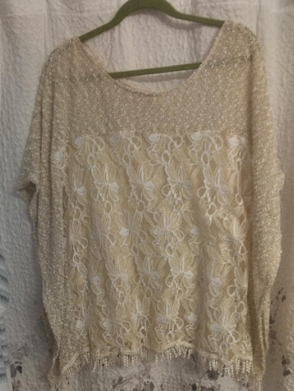 Altar'd State Cream Lace Crochet Fringe Tunic